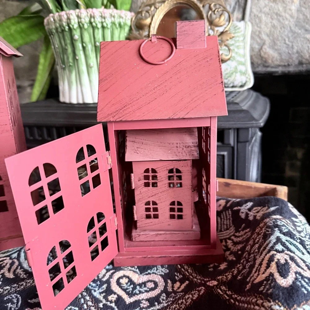 Vintage Style Metal House Lanterns Set of 3 Nesting Village Houses Terracotta